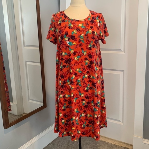 LulaRoe Carly Tee Shirt Dress Orange Floral short sleeved Comfy Size Medium - Picture 2 of 7